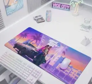 GTA 6 gaming mouse pad on gaming desk setup with keyboard and mouse