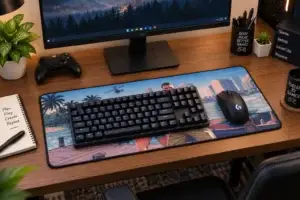 Hurray Gamer large printed gaming mouse pad with keyboard and mouse on a gaming desk setup