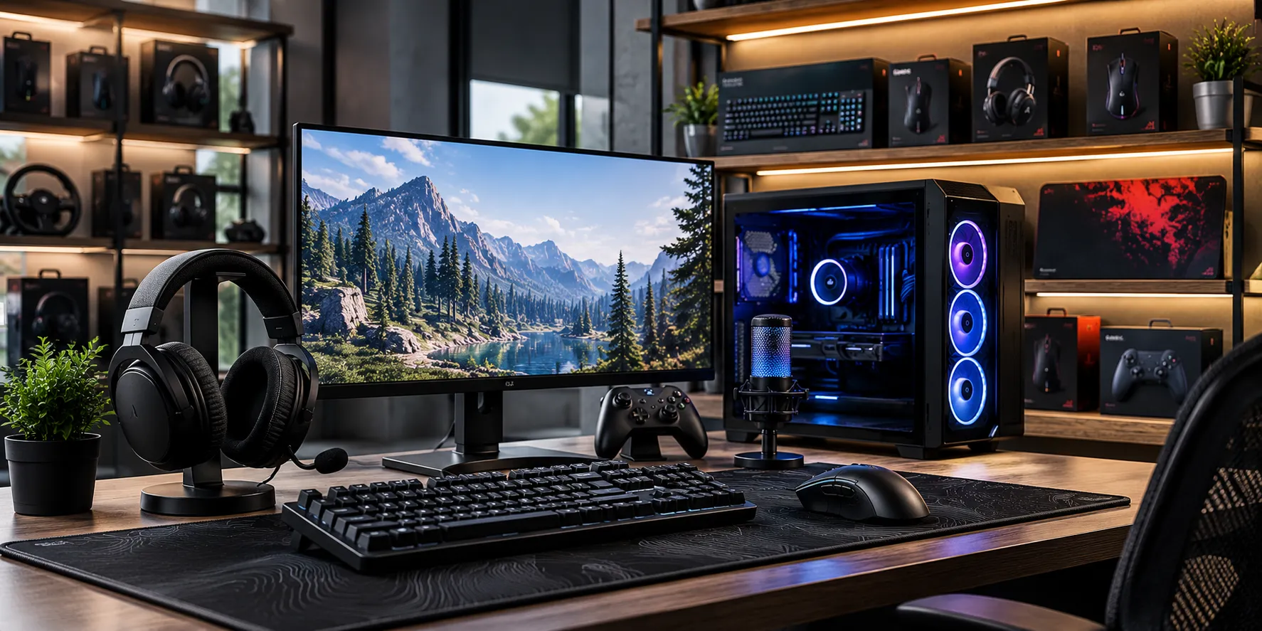 PC gaming accessories setup with keyboard mouse headset and gaming PC