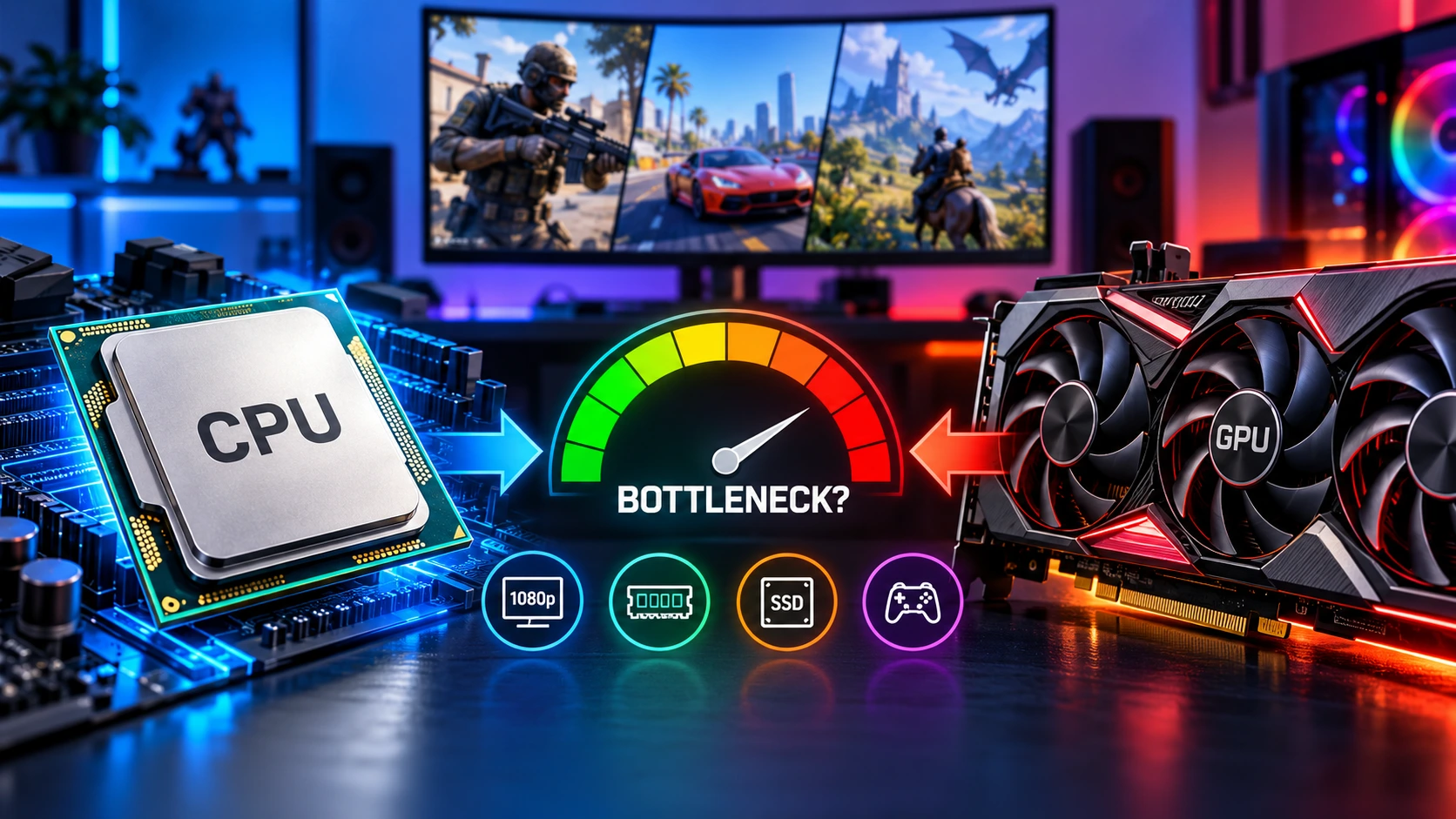 Neon CPU vs GPU bottleneck showdown graphic