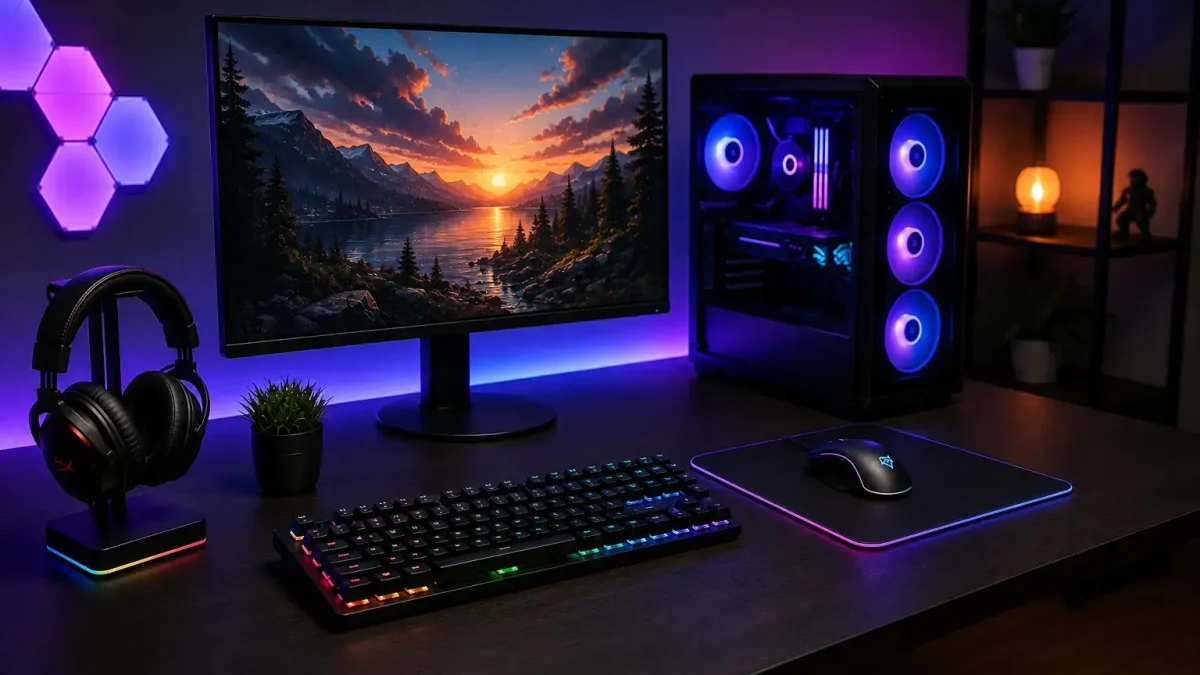 Gaming accessories setup with PC, monitor, keyboard, mouse, headset and gaming gear