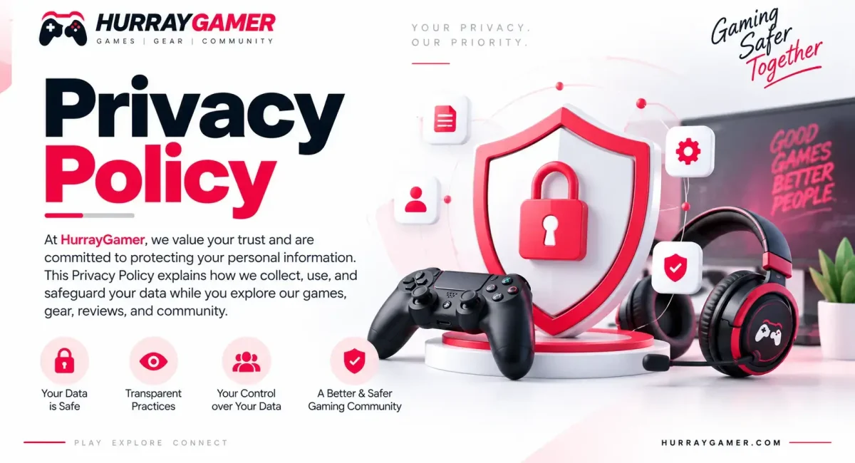 HurrayGamer Privacy Policy page banner featuring a shield and lock, gaming controller, headset, and data protection icons
